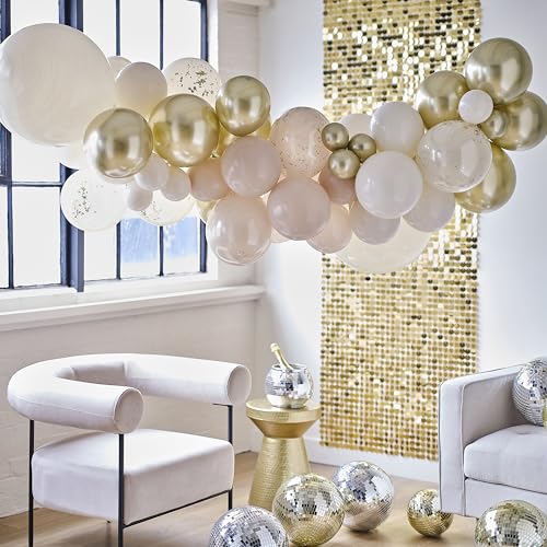 Ginger Ray Gold and Neutral Balloon Arch with 60 Latex Balloons and Gold Confetti Birthday Party Decoration