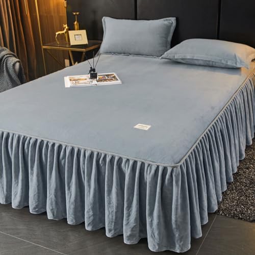 3Pieces Velvet Ruffled Bed Skirts Bedspread 3 Side Coverage 17 Inch Drop Dust Queen Size Bedskirt Breathable Bedding Set with 2 Pillow Cases (Color : Gray, Size : California King)