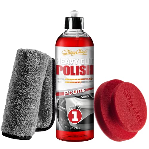 ShinyChiefs HEAVY CUT POLISH SET - Autopolitur gegen starke Gebrauchsspuren und tiefe Kratzer - Silikonfreier Autolack Kratzer Entferner mit Schliffentfernung, Handpuck und Mikrofasertuch, 500ml