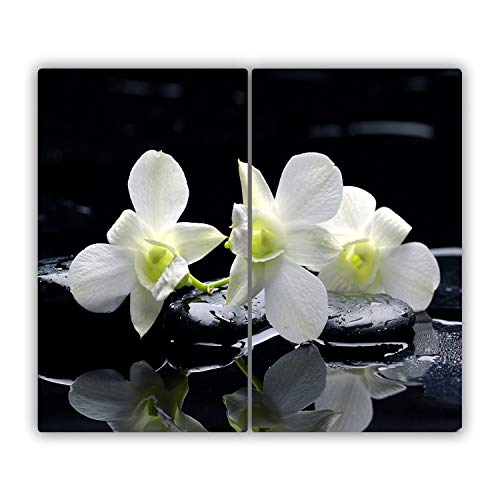 Tulup Glas Herdabdeckplatte Ceranfeldabdeckung Spritzschutz Glasabdeckplatte Kochplattenabdeckung und Schneidebrett - Zweiteilig - 2x30x52 cm - Blumen & Pflanzen - Orchidee - Weiß