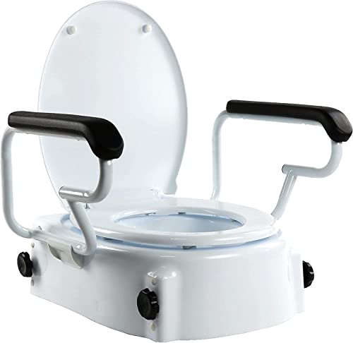 OrtoPrime Toilettensitz, neigbar, mit klappbaren Armlehnen, höhenverstellbar, 5, 10 und 15 Zentimeter, Toilettensitzerhöhung mit Deckel, tragbar