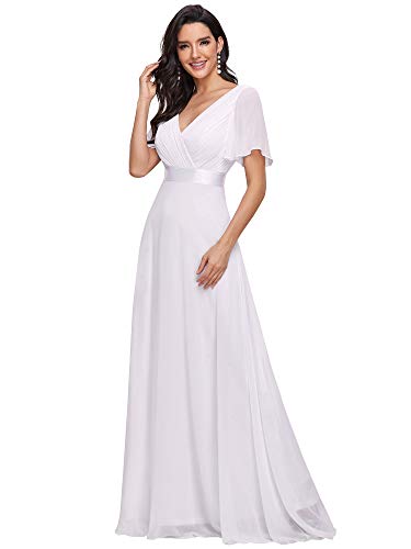 Ever-Pretty Damen Abendkleid Frau A-Linie Brautjungfernkleid V Ausschnitt Hochzeit lang Weiß 42