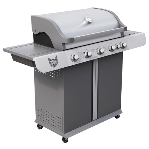 BBQ CHIEF Vision Gasgrill - 5 Brenner Edelstahl, 15 kW, Seitenbrenner, 2,5 kW, Gussrost, Warmhalterrost, Deckel, Thermometer, Rollen - Grill, Grillwagen, Grillstation, Camping, Balkon, Garten, Outdoor