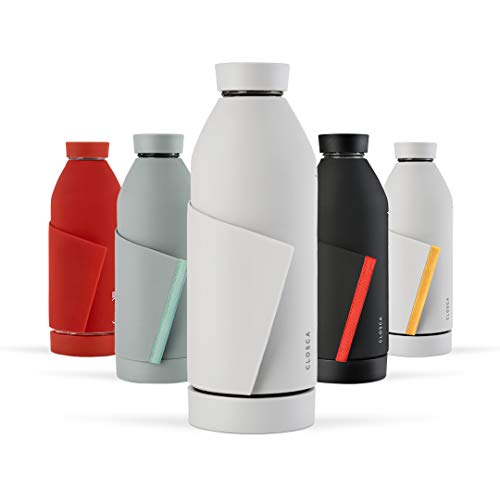 Closca Wasserflasche aus Glas, 420 ml Bottle. BPA-freie Trinkflasche aus Glas. Beidseitige Öffnung und elastische Tragelasche für den einfachen Transport. (White/Nude)