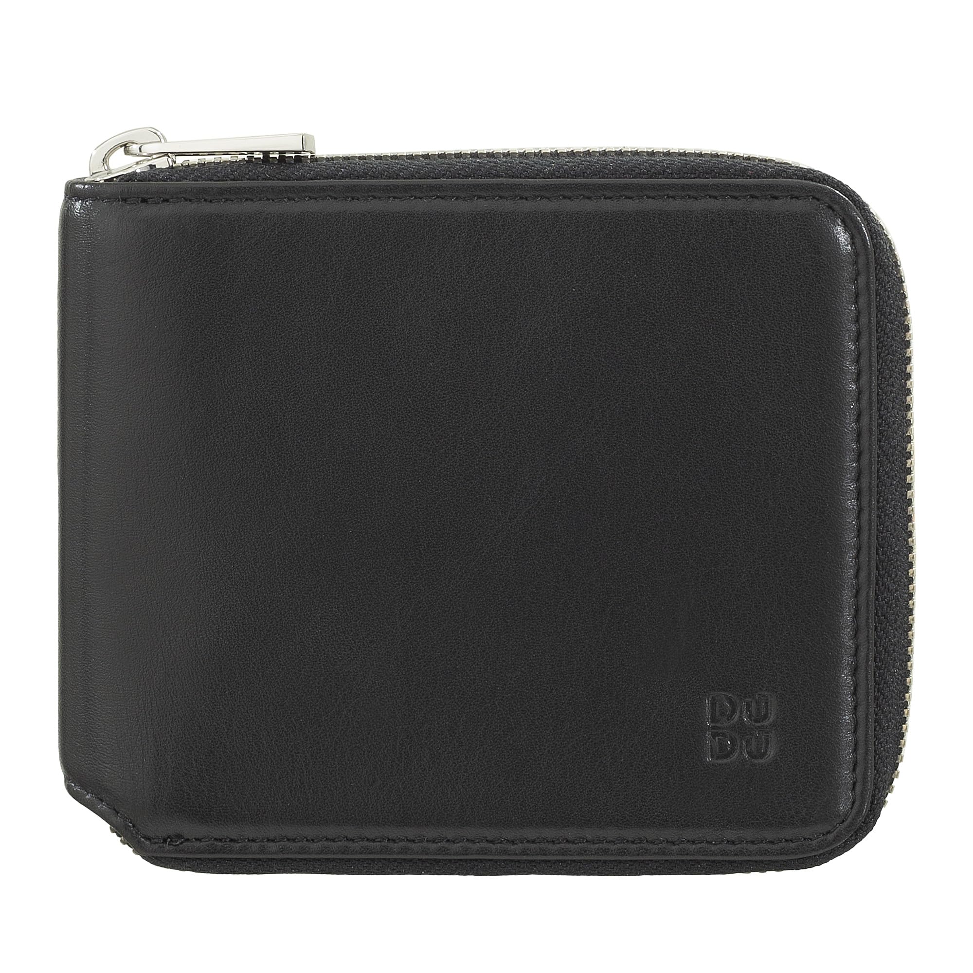 DUDU Herren-Brieftasche RFID, aus weichem Leder mit kleinem außenliegendem Reißverschluss und 6 Kreditkartenfächern. Schwarz