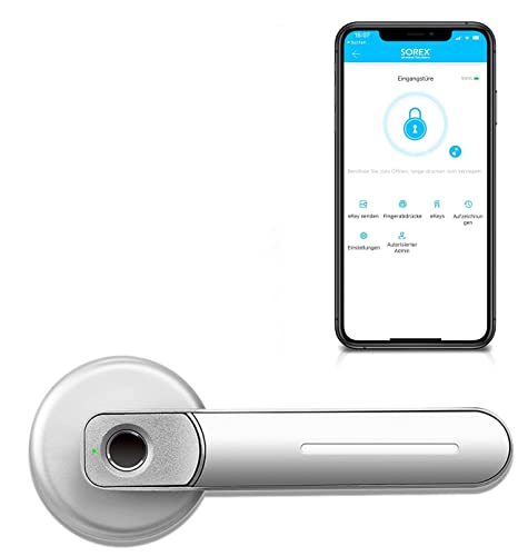 SOREX FLEX EASY Elektronisches Türschloss Fingerprint, Türgriff - Fingerabdruck & Smartphone Schloss, kompatibel mit Alexa & Google Home (Öffnung per Bluetooth - Silber)