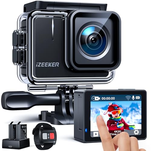 iZEEKER iA100 Action Cam 4K30FPS 20MP WiFi 40M Unterwasserkamera Ultra HD Touchscreen wasserdichte Vlog Fahrrad Helmkamera (Fernbedienung, 2x1050mAh Akkus Ladegerät und Zubehör Kit)
