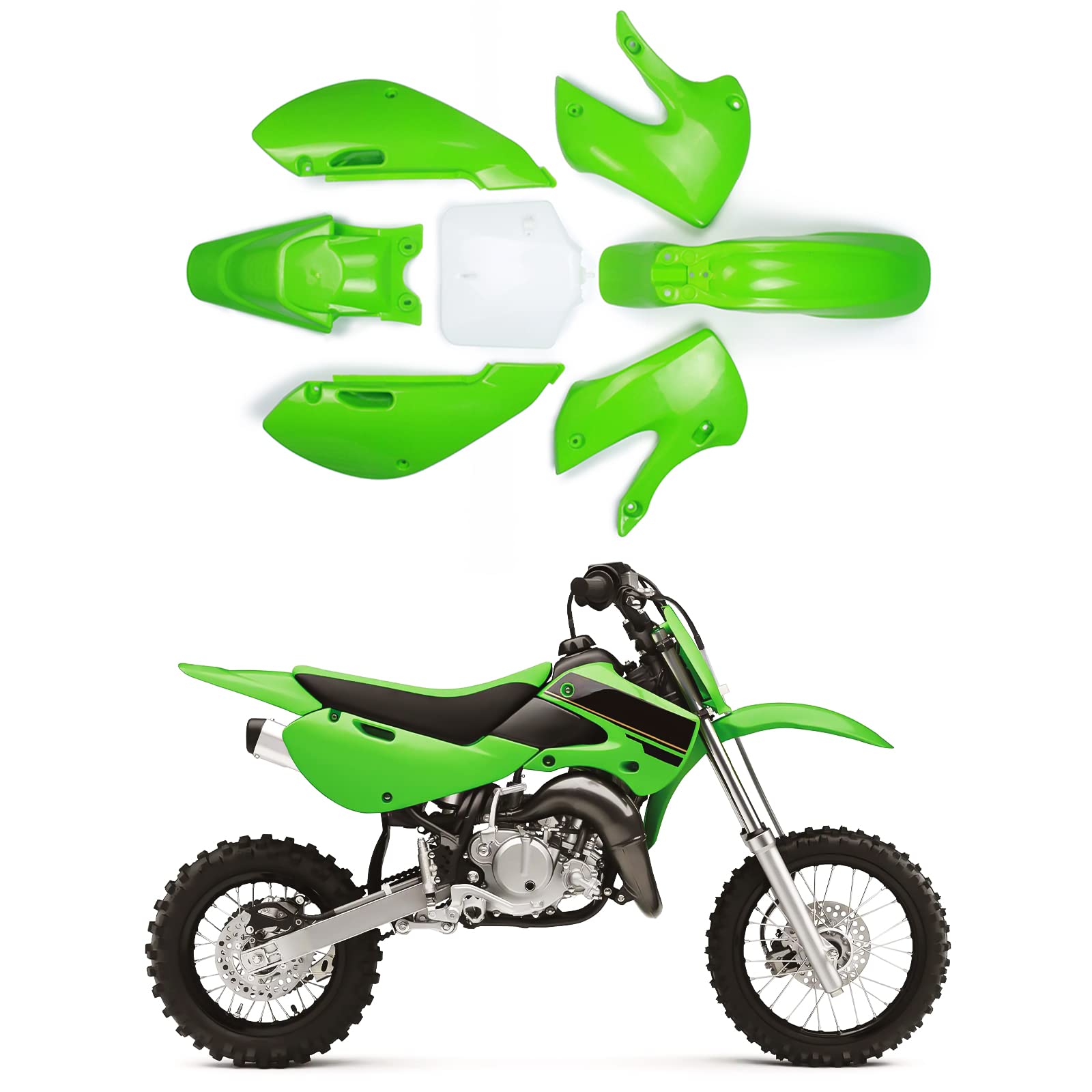 AnXin Motorrad ABS-Kunststoff Kotflügel Kit Karosserie Arbeitsverkleidung Kit für KLX110 2002–2013 KX-65 2000–2013 DRZ-110 2003–2005 Dirt Pit Bike (Grün und Weiß)