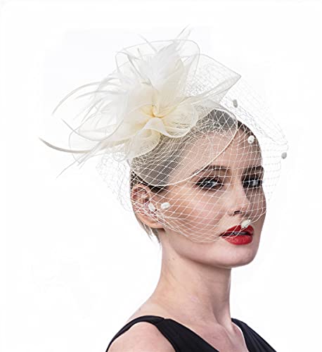 Fascinator Blume Netzmütze Feder Mesh Netz Schleier Tea Party Derby Hut mit Clip und Haarband für Frauen (A6-Beige)