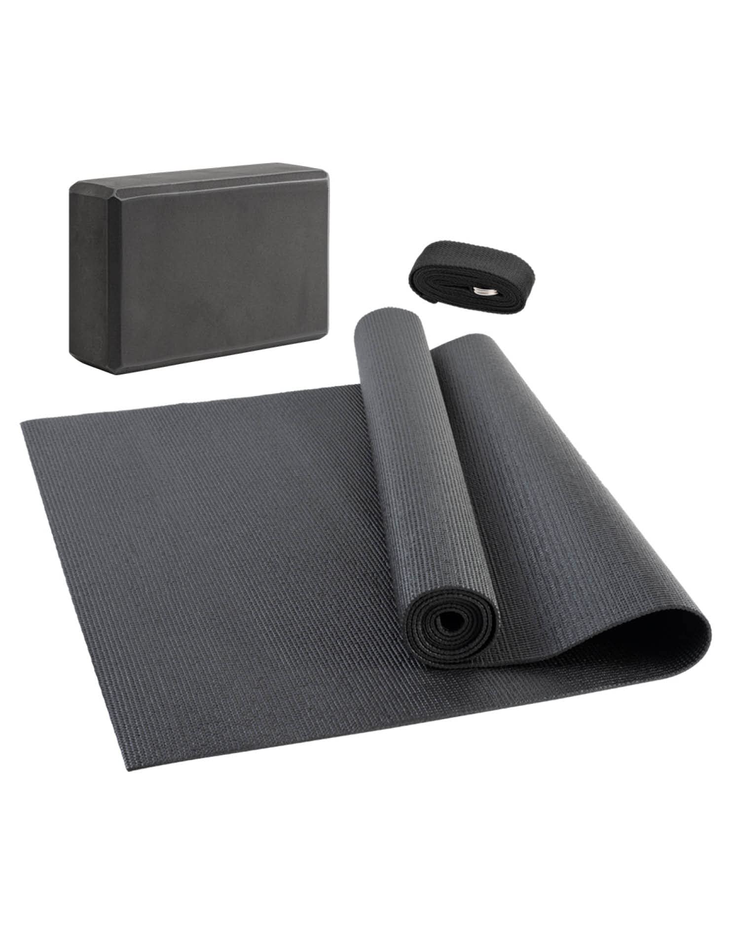 JELEX Yoga Set 3-TLG. Yogagurt, rutschfeste Yogamatte (173 x 61 cm) und formstabiler Block. Praktisches Set für Anfänger und Erfahrene, Dehnübungen, Entspannung, Fitness, grau