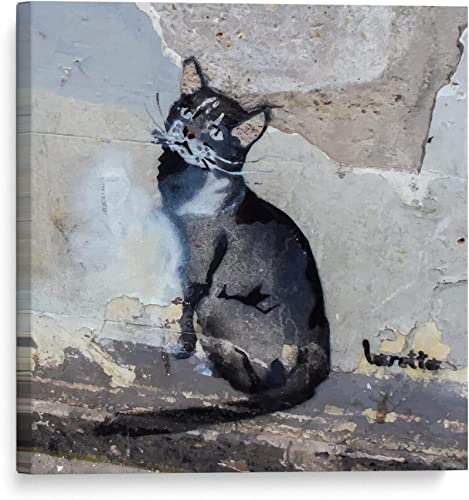 Keliour Banksy auf Leinwand, Katze an der Wand von Highbury Shop, Street Art Graffiti-Wandgemälde für Wohnzimmer, Schlafzimmer, Büro, 25 x 25 cm/9,8 "x 9,8", rahmenlos