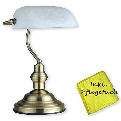 Bankerlampe Weiß Messing - Schreibtischlampe Retro mit weißem Lampenschirm - Banker Tischlampe Büro - Schreibtischleuchte mit Pflegetuch - Bürolampe Schreibtisch Höhe 36 cm