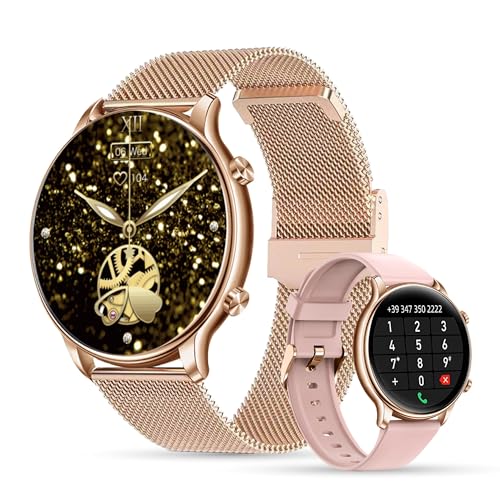 LUNIQUESHOP LSWATCH Damen Smartwatch mit Anruf Bluetooth 1,32 Zoll HD Smartwatch Temperatur, Blutsauerstoff Spannung, Herzfrequenz, Schrittzähler Schlaf Wetter 2 Armbänder iOS Android Roségold
