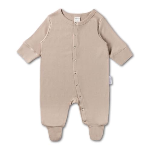 Hofbrucker Baby Schlafanzug aus 100% Bio Baumwolle, Kuschelig weicher Langarm Pyjama mit Füßen, Atmungsaktiver Newborn Strampler für Jungen und Mädchen in Größe 62/68 in Taupe