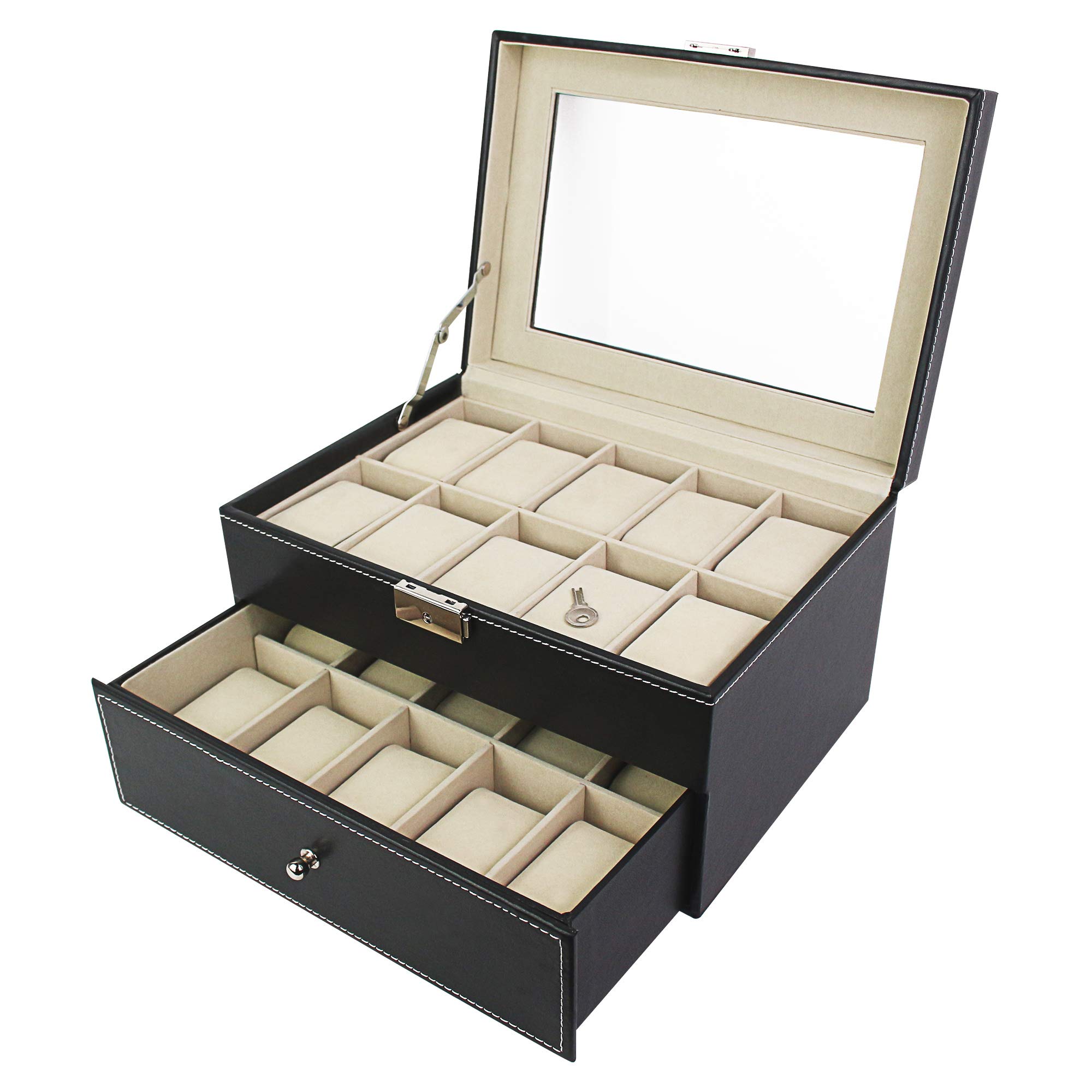 Todeco - Uhrbox, Uhr und Armband Aufbewahrung - Material der Box: MDF - Kissenmaterial: Samt - 20 Uhren mit Schublade und Display, Schwarz/Beige