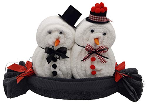 Frotteebox Geschenk Set Schneemann Paar groß in Handarbeit geformt aus 3X Handtuch weiß/anthrazit