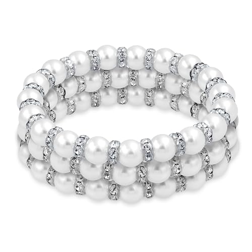 Bling Jewelry Set Aus 3 Weißen Simulierten Perlen Stapelbare Strang Stretch Armbänder Für Frauen Weiße Kristall Rondelle Zwischenperlen Versilbertes Messing
