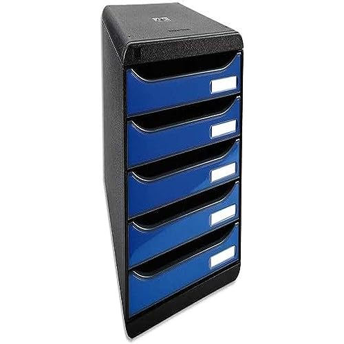 Exacompta Big Box Plus Classic Schwarz/Glossy Eisblau mit 5 Schubladen / Stapelbare Schubladenbox im Hochformat für mehr Platz auf dem Schreibtisch