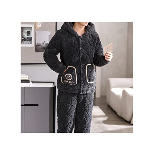 Herren Langer Plüsch Velours-Pyjamas-Winter-Drei-Schicht-verdicktes ultra-dickes gestepptes Korallen-Fleece plus Samt-Flanell-Homewear (Color : Grey, Size : L)