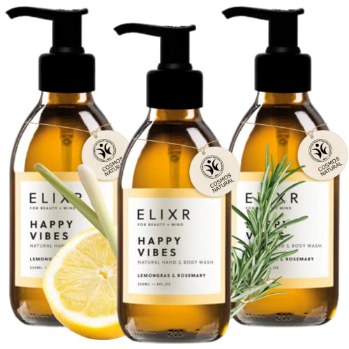 ELIXR Happy Vibes Flüssigseife I Handseife Rosmarin Zitronengras I Glasflasche mit Pumpspender 3x 230ml I Zertifizierte Naturkosmetik I Hand Soap