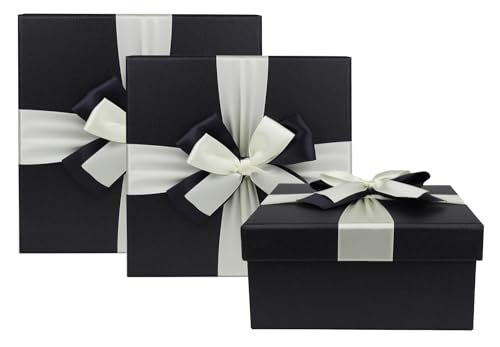 Emartbuy Set mit 3 stabilen Geschenkboxen, schwarze Box mit schwarzem Deckel, brauner Innenseite und goldfarbenem Satinband.