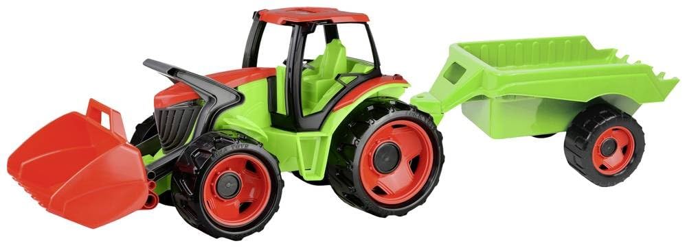 LENA 02136 GIGA TRUCKS Traktor mit Frontlader & Anhänger, Traktorspielzeug 5-teilig, Traktor mit Schaufel, Schiebdach in der Fahrerkabine