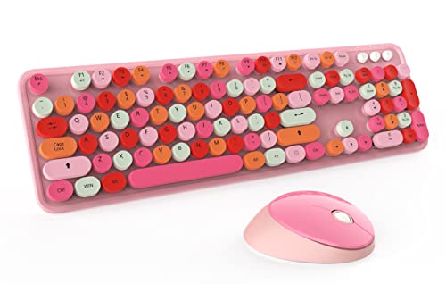 Kabellose Tastatur und Maus, niedliche, bunte 104-Tasten-Schreibmaschine, Retro-Tastenkappen, Tastatur für PC, Laptop, Windows, Desktop, perfekt für Heim- und Büro-Tastaturen (Rosa)
