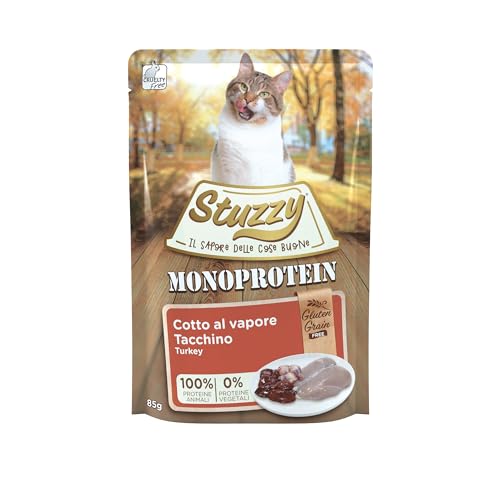 Stuzzy, Monoprotein Grain & Gluten Free, komplettes Nassfutter für Erwachsene Katzen mit Truthahn, in Paste - (20 Beutel à 85 g)