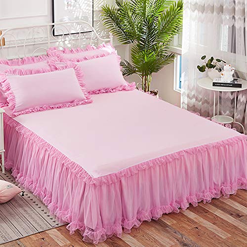 Bettvolant Bettrock Tagesdecke Ruffle Bettüberwurf Spitze Rüschen Bett Rock 3PCS Sets Bettwäsche Prinzessinnen-Stil,Pink-120X200CM
