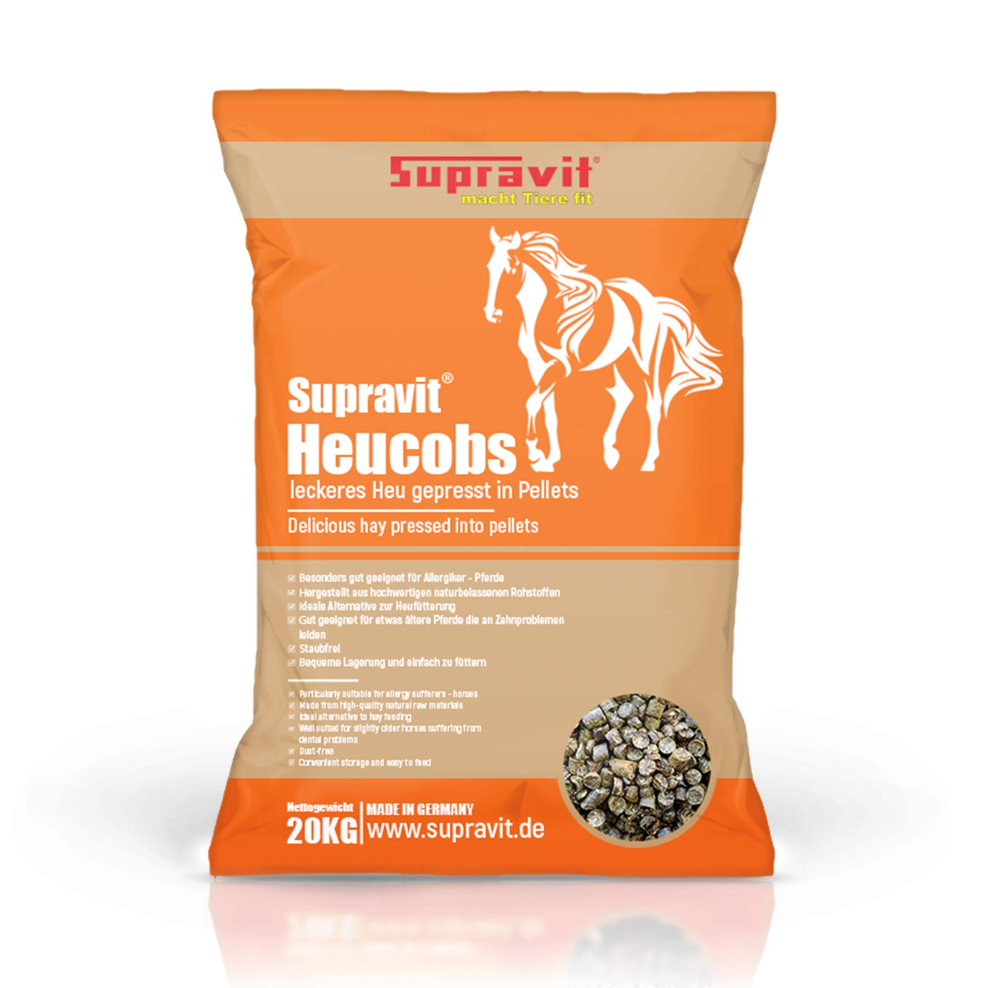 SUPRAVIT Heucobs für Pferde staubfrei | 20kg Pferdefutter | leckeres Heu gepresst in Pellets | gut geeignet für Allergiker | Auch ohne Einweichen zu verfüttern