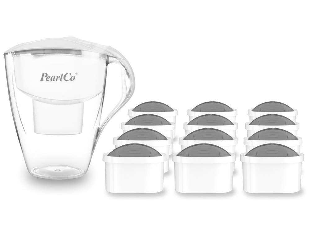 PearlCo XXL Wasserfilter Family (weiß) - mit 12 Protect+ unimax Filterkartuschen (für hartes Wasser) - passt zu Brita Maxtra