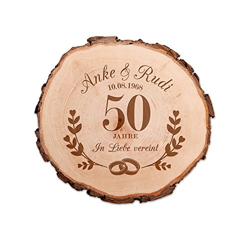 Casa Vivente Baumscheibe mit Gravur – Zur Goldenen Hochzeit – Personalisiert mit Namen und Datum – Aus Echtholz – Türschild und Wand-Deko – Geschenkidee für Paare zum 50. Hochzeitstag