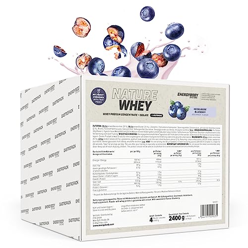 Energybody® Nature Whey Protein Isolate & Concentrate Gastropack 2400g / zucker- und fettarmes Molkenproteinpulver/Eiweiß Pulver ohne künstliche Verdickungsmittel/Eiweiss Shake (Heidelbeere)