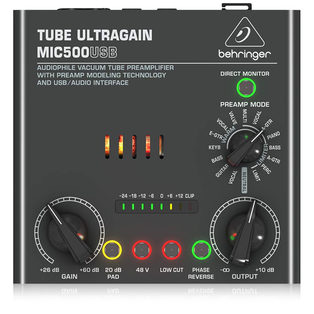 Behringer TUBE ULTRAGAIN MIC500USB Audiophiler Vakuumröhren-Vorverstärker mit Preamp-Modeling-Technologie und USB/Audio-Interface
