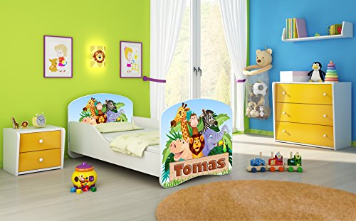 Kinderbett Jugendbett Komplett mit einer Schublade und Matratze Lattenrost Weiß ACMA I (140x70 cm, 02 Animals Name)