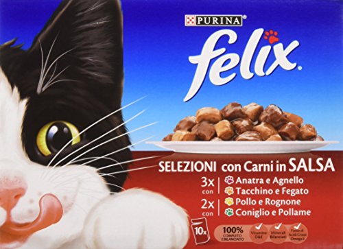 Purina Felix Nassfutter für Katzen, Selektion in Sauce mit Ente und Lamm, mit Truthahn und Leber, mit Huhn und Rogne und Kaninchen und Geflügel, 60 Beutel à 100 g