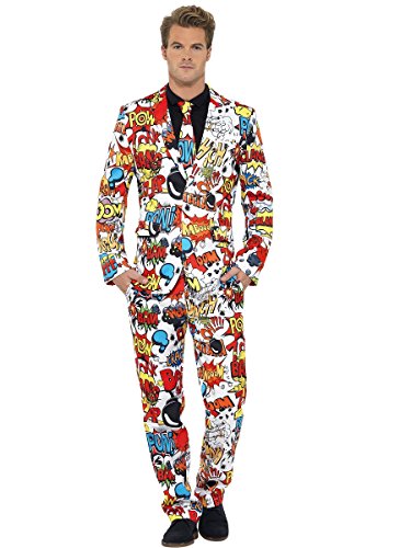 Smiffys, Herren Comic Strip Anzug Kostüm, Jacke, Hose und Krawatte, Mehrfarbig (Red & White) ,Größe: M, 43526