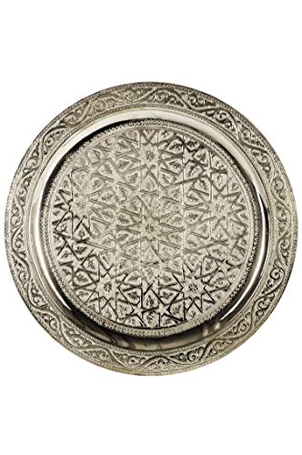 Orientalisches rundes Tablett aus Messing Mehdia 35cm Deko Silber | Marokkanisches Teetablett in der Farbe Silber | Orient Kupfertablett silberfarbig | Orientalische Dekoration auf dem gedeckten Tisch