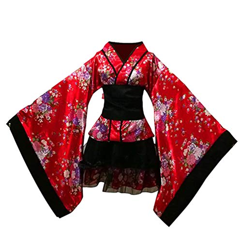 SOIMISS Kurzes Kimonokostüm für Erwachsene Traditionelles Japanisches Polyester Yukata Sakura Muster V- Ausschnitt Kimono Party Cosplay Outfit für Party Frauen Mädchen Geschenk S (Rot)