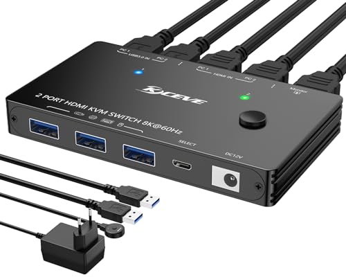 8K HDMI KVM Switch 2 PC 1 Monitor 8K@60Hz 4K@120Hz, KVM Switches mit HDMI2.1 und 4 USB 3.0 Ports für 2 PC Sharing 1 Monitor und Tastatur, Maus, mit Netzteil, Kabelfernbedienung und 2 USB3.0-Kabeln