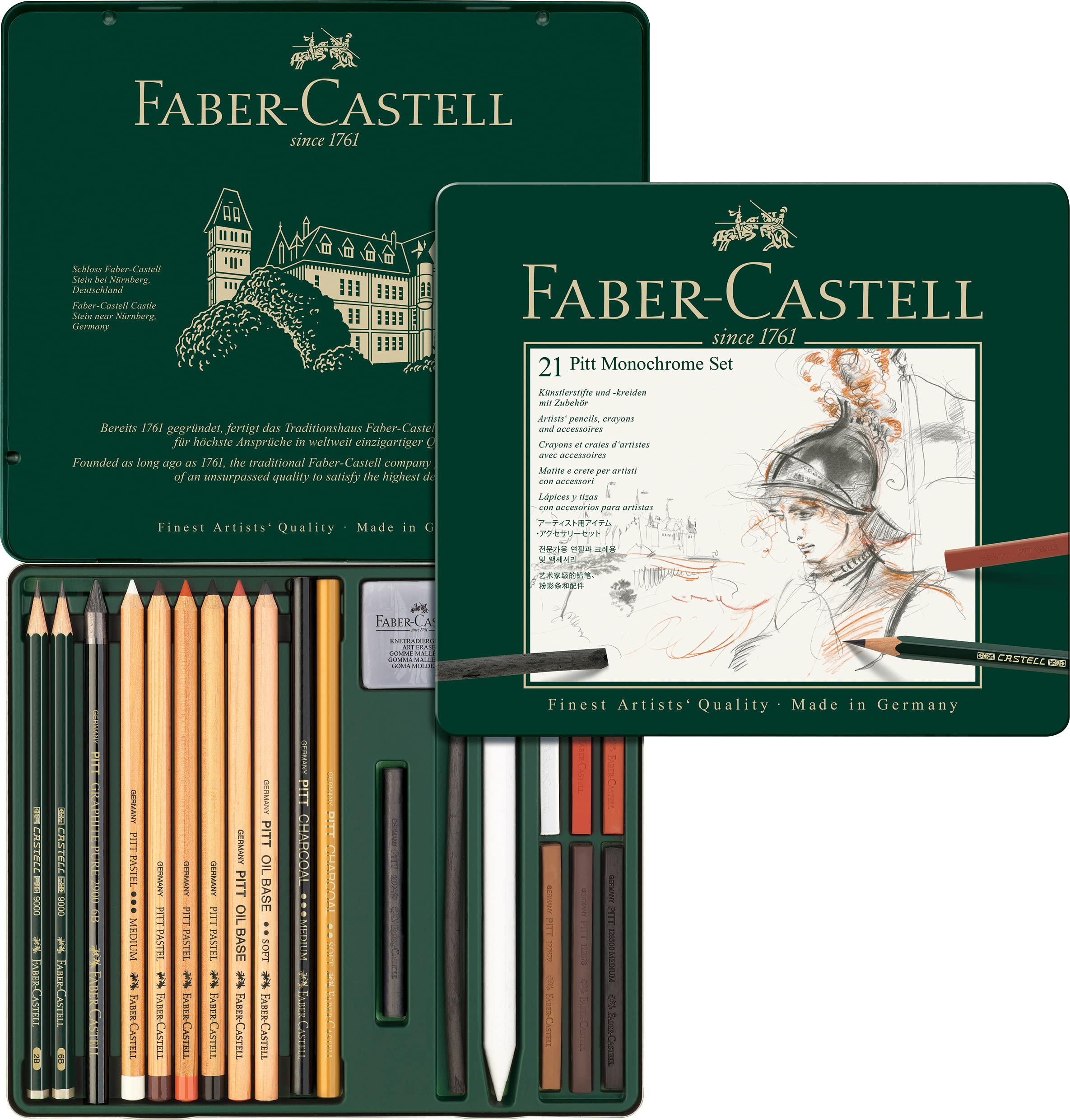 Faber-Castell 112976 - Pitt Monochrome Set im Metalletui, medium, 21-teilig