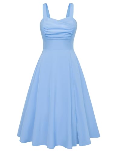Damen Kleid Elegant Midikleid Sommer Partykleid A-Linie Festlich Kleid Cocktailkleid Blau M