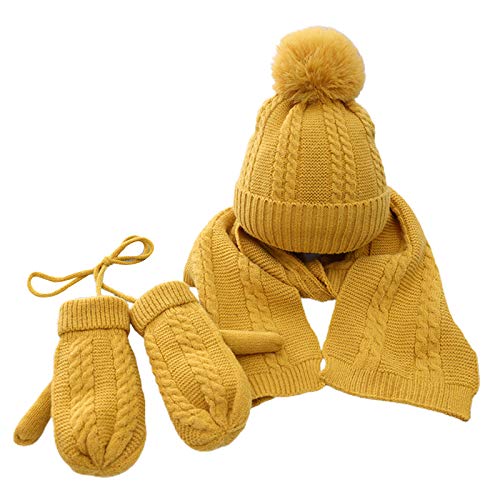 Sheuiossry 3-teiliges Set aus Wintermütze, Schal, Handschuhen, Zopfmuster, Bommeln, Mütze, warm und weich