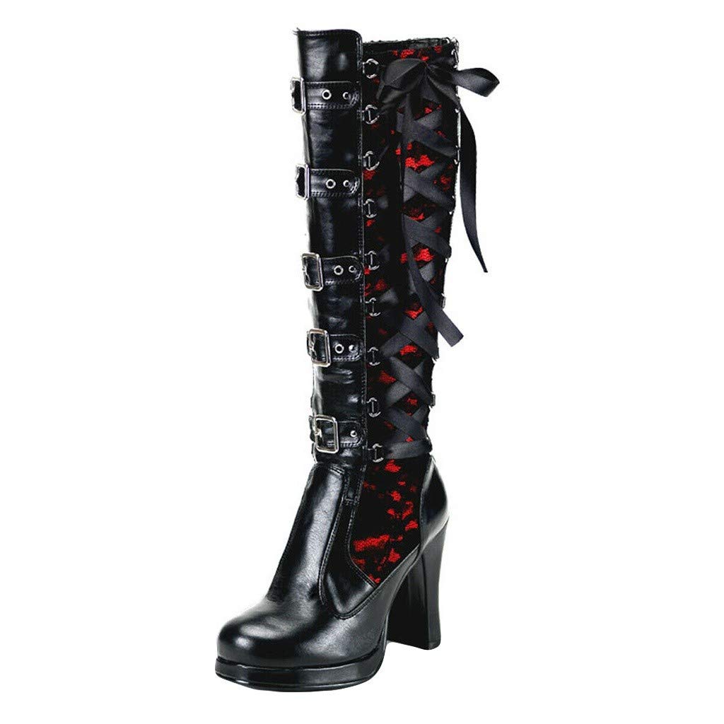 Overknee Stiefel Mode Frauen Kreuz gebunden Leder Knie Plateaustiefel Gothic Bows Schuhe (38 EU,rot)