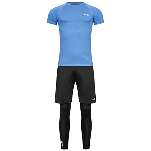 JELEX Sportinator Herren 3-teiliges Fitness-Set bestehend aus Shirt, Leggings und Shorts, für alle Sport- und Fitnessaktivitäten. In den Größen S bis XXL, in Blau, Rot oder Grün (Blau, M)