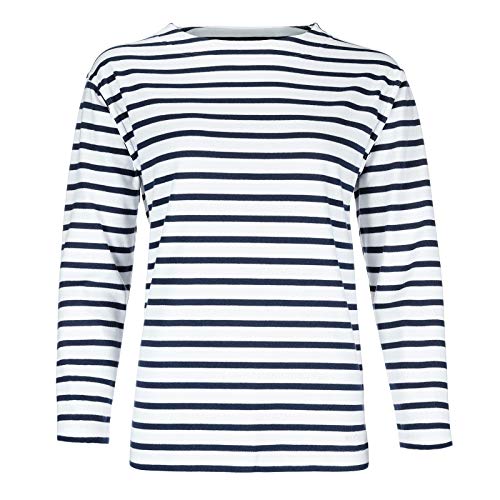 modAS Damen Shirt Bretonisches Damenshirt mit U-Boot Ausschnitt - Ringelshirt Streifenshirt Langarmshirt mit Streifen aus Baumwolle in Weiß/Blau in Größe 44