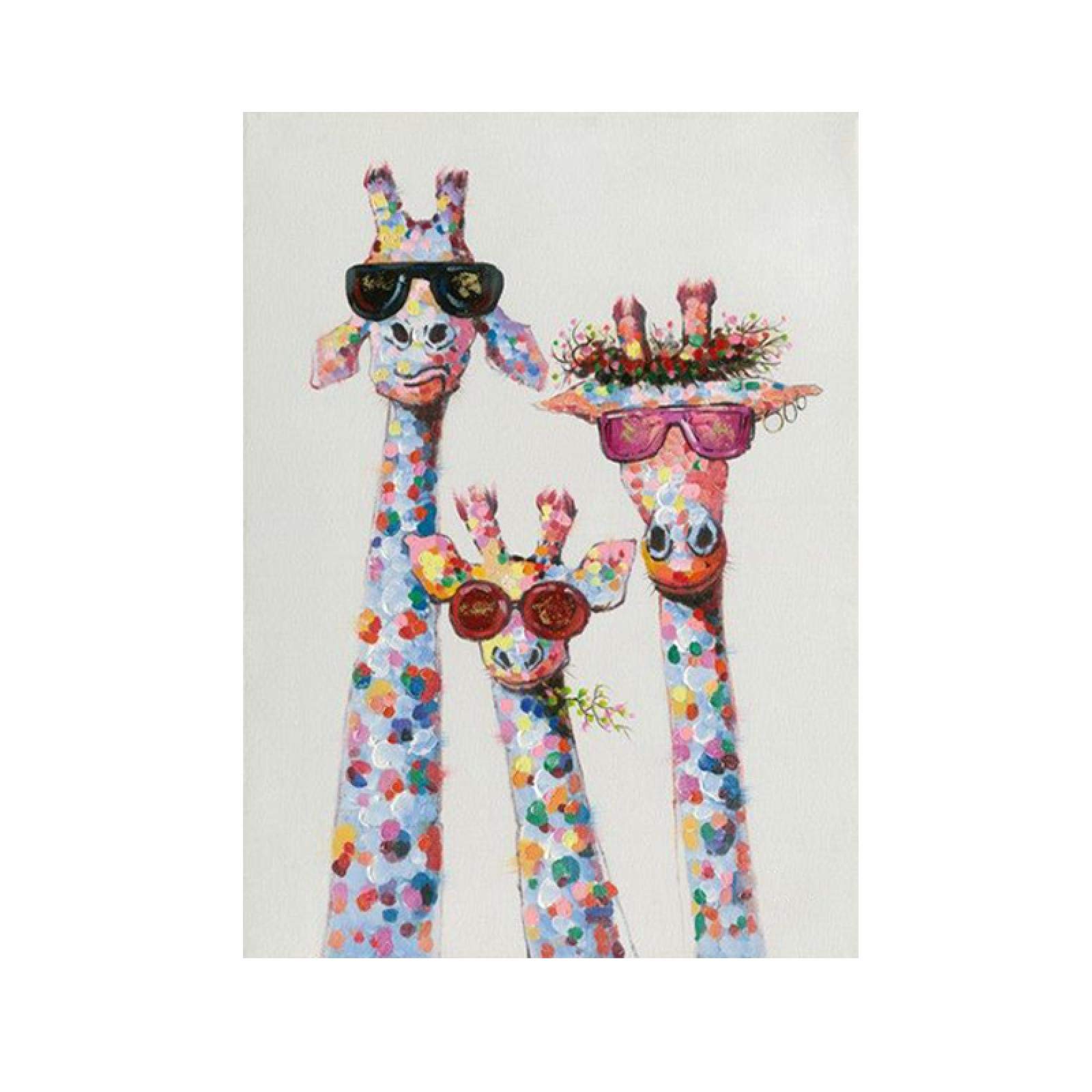 Leinwand Wandkunst Bunte Tier Giraffe Familie mit Brille Malerei Poster und Drucke Bilder Wohnzimmer Dekor 60x90cm / 23,6"x 35,4" Rahmenlos