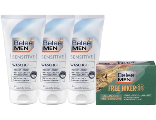 Balea MEN 4er-Set Hautpflege: 3 x Waschgel SENSITIVE sanfte Gesichtsreinigung für trockene, empfindliche Haut (3 x 150 ml) + Festes Duschgel FREE HIKER für Körper, Gesicht, Haar & Bart (100 g), 450 ml