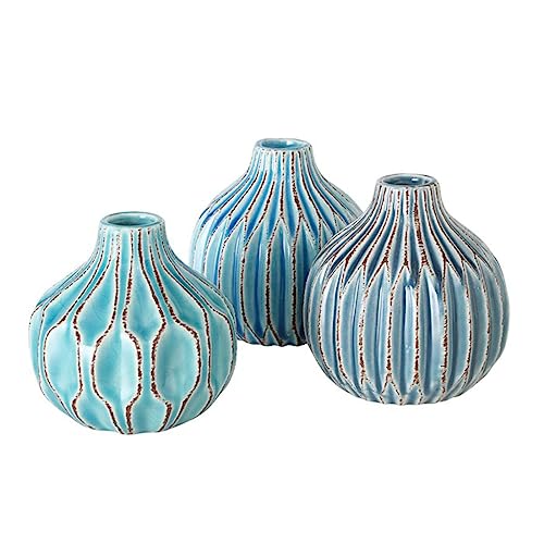 Vase im 3er Set im Shabby Chic Look aus Keramik Blumenvase Tischdekoration für Blumen und Trockenblumen Dekoratives Design - Blau
