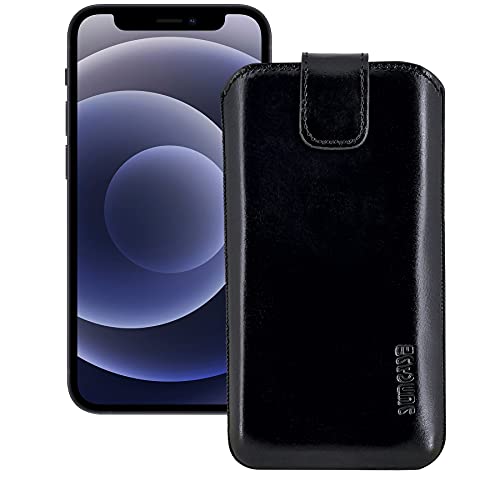 Suncase ECHT Leder Tasche kompatibel mit iPhone 12 (6.1") mit ZUSÄTZLICHER Transparent Hülle | Schale | Silikon Bumper Handytasche (mit Rückzugsfunktion und Magnetverschluss) in schwarz